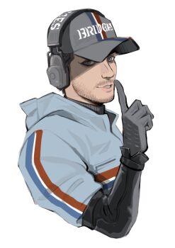Rule 34 | 1boy, absurdres, alternate costume, arm up, baseball cap, black gloves, black shirt, commentary, death stranding, english commentary, facial hair, finger to mouth, gloves, grey eyes, hat, headphones, higgs (death stranding), highres, horizontal-striped clothes, index finger raised, long sleeves, looking to the side, lumuscus, male focus, parted lips, partially shaded face, shirt, short hair, simple background, smile, solo, striped clothes, teeth, vertical-striped clothes, white background