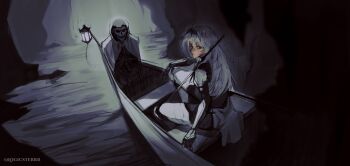 1other absurdres armor black_shirt breastplate canoe commentary dim_lighting dutch_angle english_commentary full_body hairband hands_on_own_knee highres knees_up lantern logicsterrr long_hair looking_back nephis_(shadow_slave) over_shoulder shadow_slave shirt shoulder_armor sitting skull sword sword_over_shoulder water weapon weapon_over_shoulder white_hair