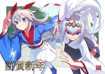 2girls ahoge animal_ears black_skirt black_thighhighs blue_boots blue_eyes blue_kimono blush boots breasts collarbone commentary_request ear_covers ear_ornament grey_hair grey_tail grin hair_between_eyes hair_ornament hairband headband hibun_tsukasa highres horse_ears horse_girl horse_tail japanese_clothes kimono lightning_bolt_print lightning_bolt_symbol long_hair long_sleeves multicolored_hair multicolored_hairband multiple_girls nengajou new_year oguri_cap_(umamusume) open_mouth outdoors parted_lips pleated_skirt red_headband running skirt smile striped_clothes striped_hairband tail tamamo_cross_(umamusume) teeth thighhighs two-tone_hairband umamusume umamusume:_cinderella_gray white_boots white_headband white_kimono white_skirt white_thighhighs