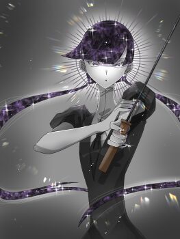 1other :o androgynous arms_up black_jacket black_necktie black_sleeves collared_shirt colored_skin commentary crystal_hair easty english_commentary gem_uniform_(houseki_no_kuni) grey_background highres holding holding_sword holding_weapon houseki_no_kuni jacket lens_flare low_twintails nail_polish necktie neptunite_(houseki_no_kuni) other_focus puffy_short_sleeves puffy_sleeves purple_eyes purple_hair purple_nails shirt short_sleeves sparkle sword twintails weapon white_shirt white_skin