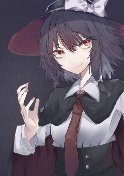 1girl absurdres alternate_eye_color black_cape black_capelet black_hair black_hat black_skirt bow cape capelet closed_mouth collar hair_bow hat hat_bow highres long_sleeves muraryo nail_polish night red_eyes red_nails shirt short_hair skirt sleeve_cuffs smile solo star_(sky) touhou usami_renko white_bow white_collar white_shirt