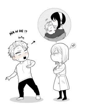 Rule 34 | 1boy, 1girl, ^^^, arrow (symbol), belt, blank eyes, blush, bob cut, boots, broken heart, closed mouth, coat, comforting, commentary request, crossed arms, deformed, fiona frost, greyscale, hairband, heart, highres, inverted bob, jealous, looking at another, monochrome, motion lines, nose blush, open mouth, pants, profile, romaji text, shirt, shoes, short hair, short sleeves, simple background, speech bubble, spoken broken heart, spoken character, spy x family, sunbo zatta, sweatdrop, sweater, t-shirt, tearing up, thigh boots, thought bubble, trench coat, twilight (spy x family), very short hair, yor briar