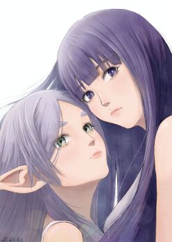 2girls bright_pupils closed_mouth commentary_request elf expressionless eyebrows_hidden_by_hair eyelashes forehead frieren green_eyes grey_hair hair_over_shoulder long_hair looking_at_viewer looking_to_the_side multiple_girls parted_bangs pointy_ears purple_eyes purple_hair purple_pupils signature simple_background sousou_no_frieren straight_hair thick_eyebrows thigh_strap white_background zakikoillust