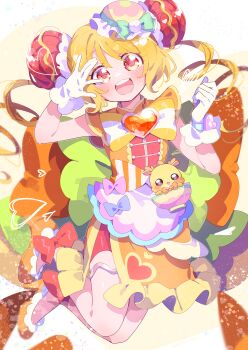 1girl absurdres animal ankle_bow ankle_ribbon apron aqua_bow back_bow bare_legs bare_shoulders blonde_hair border bow bow_apron bowl bowtie brooch bun_cover china_dress chinese_clothes clenched_hand collared_dress commentary_request cure_yum-yum delicious_party_precure dot_nose double_bun dragon dress drill_hair eastern_dragon eyelashes flats food food-themed_bag food-themed_hair_ornament frilled_dress frilled_footwear frilled_gloves frills full_body gloves hair_between_eyes hair_bun hair_ornament hanamichi_ran hand_on_own_head happy hat hat_bow heart heart_background heart_brooch heart_print highres jewelry jumping large_bow light_blush light_particles long_hair looking_at_viewer magical_girl mem-mem_(precure) omelet omurice open_mouth orange_bow orange_dress orange_eyes orange_shoes orange_shorts outside_border pink_bow pom_pom_hat_ornament precure print_dress purple_bow red_bow ribbon rice_bowl serizawa_serizane shoes short_dress shorts shorts_under_dress simple_background single_stripe sleeveless sleeveless_dress smile striped_bow striped_bowtie striped_clothes tareme teeth twin_drills two-tone_bow upper_teeth_only vertical-striped_bow waist_apron waist_bag waist_bow watch white_apron white_border white_bow white_gloves wristwatch yellow_background yellow_bow yellow_bowtie yellow_theme