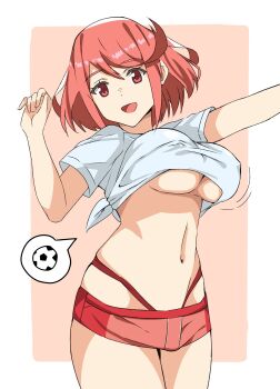 1girl 2018_fifa_world_cup :d arm_up ball bouncing_breasts breasts cleavage commentary covered_erect_nipples cowboy_shot female_focus half-closed_eyes highres j@ck large_breasts motion_lines navel nintendo nipples open_mouth pyra_(xenoblade) red_eyes red_hair shirt short_hair short_shorts shorts skindentation smile soccer soccer_ball solo speech_bubble standing swept_bangs thought_bubble tied_shirt underboob white_shirt world_cup xenoblade_chronicles_(series) xenoblade_chronicles_2