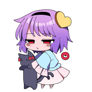 1girl armpit_carry black_hairband blouse blue_shirt blush_stickers bow cat chibi commentary frilled_sleeves frills full_body hair_ornament hairband heart heart_hair_ornament highres kaenbyou_rin kaenbyou_rin_(cat) komeiji_satori long_sleeves longcat_(meme) medium_hair meme multiple_tails no_nose pink_skirt purple_hair red_bow red_eyes shirt skirt sleeves_past_fingers sleeves_past_wrists standing tail third_eye touhou you_(noanoamoemoe)