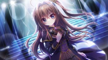 >:) 1girl ahoge black_bow black_bowtie black_capelet black_dress blue_eyes bow bowtie brooch brown_hair buttons capelet closed_mouth concert crown double-breasted dress dutch_angle film_grain game_cg gem hair_between_eyes hair_intakes holding holding_microphone idol idol_clothes izumi_tsubasu jewelry lens_flare long_hair long_sleeves looking_at_viewer microphone mini_crown non-web_source official_art purple_gemstone re:stage! screen shikimiya_aone side_ponytail smile solo sparkle stage_lights stairs tilted_headwear v-shaped_eyebrows