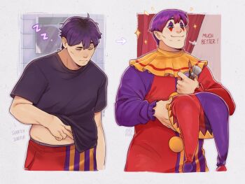 Rule 34 | 1boy, arrow (symbol), bags under eyes, before and after, black roots, clothes lift, commentary, english commentary, english text, facepaint, freckles, gradient hair, hat, highres, holding, holding paintbrush, holding unworn clothes, holding unworn hat, hugh morris (tomodachi life: living the dream), jester cap, male focus, multicolored hair, neck ruff, one eye closed, paintbrush, plump, pointy ears, pom pom (clothes), puff of air, purple hair, roots (hair), rorokonaa, scratching stomach, shirt lift, smile, solo, split-color clothes, tomodachi life, tomodachi life: living the dream, unworn hat, unworn headwear, zzz