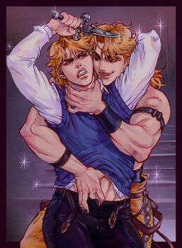 Rule 34 | 2boys, belt, blonde hair, commentary, dagger, dio brando, ear birthmark, english commentary, fangs, garuye, grin, highres, holding, holding dagger, holding knife, holding weapon, jojo no kimyou na bouken, knife, lips, long hair, male focus, multiple boys, muscular, muscular male, noquelle, phantom blood, red eyes, selfcest, shirt, smile, sparkle, stardust crusaders, sweater vest, teeth, vampire, weapon, yaoi