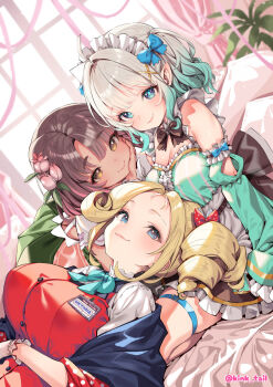 Rule 34 | 3girls, ahoge, blonde hair, blue eyes, bow, breasts, brown hair, dark-skinned female, dark skin, densetsu.exe, dress, drill hair, drill ponytail, flower, gloves, green dress, green hair, green sleeves, hair bow, hair flower, hair ornament, hashtag-only commentary, highres, huge breasts, kink (tortoiseshell), large breasts, lying, maid headdress, mint fantome, multiple girls, on back, phoebe (vtuber), red bow, short twintails, sitting, small breasts, smile, thigh strap, thighs, triangular headpiece, twintails, victoria roman, virtual youtuber, white gloves, white hair, x hair ornament, yellow eyes