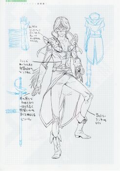 1boy absurdres adam's_apple boots chest_harness chest_strap collarbone fukuda_tomonori full_body gloves goggles_on_eyes greyscale harness hidaka_subaru hidaka_subaru_(mr._pleiades) high_heels highres holding male_focus monochrome multiple_expressions multiple_views muscular muscular_male non-web_source official_art open_clothes prototype_design rapier robotics;notes science_adventure sketch sketchbook solo sword weapon