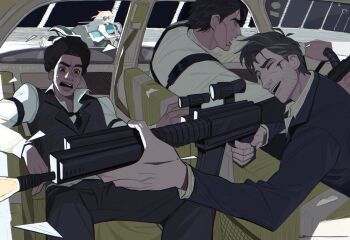 1girl 3boys afro alternate_universe beard_stubble black_jacket black_vest blonde_hair blood blood_on_face brown_eyes car_interior collared_shirt commentary_request dingnin98201637 facial_hair flashlight gun gwen_stacy harness highres holding holding_flashlight holding_gun holding_weapon injury jacket layered_sleeves long_sleeves male_focus marvel miguel_o'hara miles_morales motor_vehicle motorcycle multiple_boys nervous_sweating on_motorcycle one_eye_closed open_mouth peter_b_parker shirt short_sideburns spider-man:_across_the_spider-verse spider-man_(series) spider-verse steering_wheel stubble suit_jacket sweat teeth tongue upper_teeth_only vest weapon white_shirt wing_collar