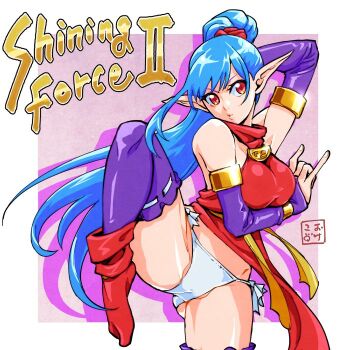 Rule 34 | 1girl, arm behind head, arm under breasts, arm up, asymmetrical bangs, blue hair, breasts, cameltoe, commentary, commentary request, dress, english commentary, english text, facing viewer, fingerless gloves, fingernails, gloves, hair between eyes, high ponytail, jewelry, leg up, long hair, looking ahead, looking at viewer, okeko, panties, pointy ears, ponytail, red dress, red eyes, robe, sarah (shining force), shadow, shining (series), shining force ii, simple background, socks, solo, solo focus, thighhighs, translation request, underwear, upper body, white panties