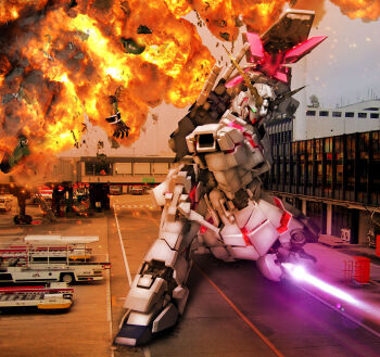 3d building bus commentary_request destruction energy_sword explosion gundam gundam_unicorn hiropon_(tasogare_no_puu) holding holding_sword holding_weapon machinery mecha mecha_focus mobile_suit motor_vehicle photo_background realistic robot science_fiction sword unicorn_gundam v-fin weapon