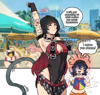 4girls animal_ears armpits arms_up ball beach belle_(summer_skies)_(zenless_zone_zero) belle_(zenless_zone_zero) bikini bikini_top_under_shirt bikini_under_clothes black_hair black_leotard black_one-piece_swimsuit black_sarong blonde_hair blue_eyes blurry blurry_background blush breasts bucket_hat choker cleavage commentary covered_navel crossed_bangs drooling english_commentary english_text fish_hat fishnet_sleeves fishnets game_screenshot_background green_eyes hair_between_eyes hair_ornament half-closed_eyes hat highres holding holding_ball jane_doe_(nocturne_of_light)_(zenless_zone_zero) jane_doe_(zenless_zone_zero) large_breasts leather_leotard leotard looking_at_another motion_blur motion_lines mouse_ears mouse_girl mouse_tail multiple_girls navel o-ring o-ring_choker off-shoulder_shirt off_shoulder official_alternate_costume one-piece_swimsuit open_mouth orange_bikini orange_shorts outdoors pink_hair red_nails red_one-piece_swimsuit sand sarong screenshot_background shirt shorts speech_bubble sphere_hair_ornament stretching swimsuit tail tied_shirt trigger_(zenless_zone_zero) tsukishiro_yanagi two-tone_one-piece_swimsuit wet yuri zanqi zenless_zone_zero