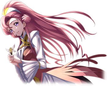 1girl artist_request breasts cleavage cleavage_cutout clothing_cutout code_geass code_geass:_lost_stories dress dutch_angle euphemia_li_britannia female_focus game_cg hair_bun hairband hands_up happy highres holding long_hair long_sleeves looking_at_viewer medal medium_breasts non-web_source official_art own_hands_together parted_lips pink_dress pink_hair purple_eyes simple_background smile solo standing teeth transparent_background two-tone_dress very_long_hair white_dress white_hairband wide_sleeves