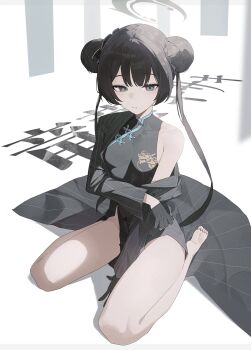 Rule 34 | 1girl, barefoot, black dress, black gloves, black hair, blue archive, blue trim, blunt bangs, blurry eyes, bottomless, braid, braided bun, breasts, bun with braided base, butterfly hair ornament, character name, china dress, chinese clothes, choppy bangs, coat, coat partially removed, collarbone, commentary, covered collarbone, double-parted bangs, double bun, dragon print, dress, feet, flower, gloves, grey eyes, grey halo, hair bun, hair intakes, hair ornament, half gloves, halo, hand on floor, highres, kisaki (blue archive), kneeling, long hair, no panties, on floor, parted lips, pelvic curtain, pinstripe pattern, print dress, sidelighting, sidelocks, single bare shoulder, sla2h help, sleeveless, sleeveless dress, small breasts, solo, striped coat, thighs, toes, translated, twintails, vertical-striped coat, white background