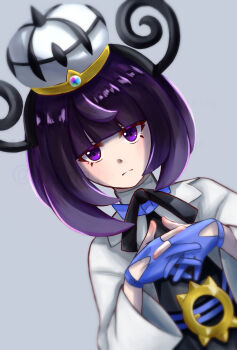 1girl belt belt_buckle black_dress black_ribbon blue_gloves blunt_bangs bob_cut buckle closed_mouth coat commentary_request dress eyelashes gloves grey_background gwynn_(pokemon) hat highres interlocked_fingers long_sleeves looking_at_viewer neck_ribbon ninihoshi nintendo o-ring o-ring_belt open_clothes open_coat own_hands_together pokemon pokemon_legends:_z-a purple_eyes purple_hair ribbon short_hair solo upper_body white_coat