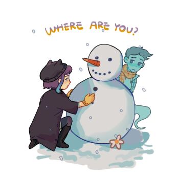 1boy 1girl beanie black_coat blue_hair blue_skin boots brother_and_sister carrot closed_mouth coat colored_skin commentary elijah_douchnov elisa_douchnov english_commentary english_text flower ghost gloves gradient_hair hat kneeling looking_at_another multicolored_hair my_student_spirit nadamxd_0o0 on_one_knee purple_hair scarf short_hair siblings simple_background snow snowing snowman white_background yellow_gloves
