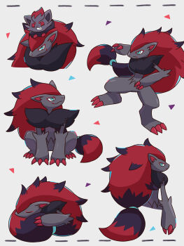 1other absurdres aqua_eyes black_hair body_fur claws closed_mouth commentary_request evolutionary_line furry gen_5_pokemon highres long_hair lying multicolored_hair neko_gyoza nintendo pokemon pokemon_(creature) red_hair simple_background sitting sleeping smile two-tone_hair very_long_hair white_background zoroark zorua