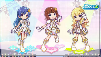 3girls ahoge amami_haruka aqua_eyes blonde_hair blue_hair blunt_bangs blush brown_eyes brown_hair clenched_hand company_name copyright_name detached_collar detached_sleeves flower full_body gloves green_eyes hair_ornament heart hoshii_miki idol idol_clothes idolmaster idolmaster_(classic) jacket jewelry kisaragi_chihaya leg_ribbon long_hair looking_at_viewer multicolored_skirt multiple_girls necklace official_art open_mouth pleated_skirt puffy_short_sleeves puffy_sleeves puyopuyo puyopuyo_quest ribbon shirt short_hair short_sleeves shorts sidelocks skirt smile stage_lights star_(symbol) thigh_ribbon w w_over_eye wavy_hair white_gloves white_jacket white_shirt white_shorts