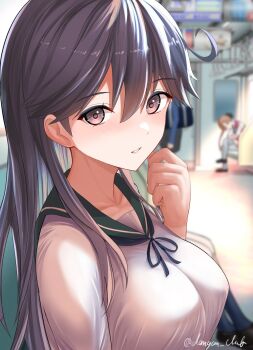 1girl black_hair blush breasts brown_eyes collarbone dangan_kurabu highres kantai_collection large_breasts long_hair looking_at_viewer school_uniform serafuku solo train ushio_(kancolle)