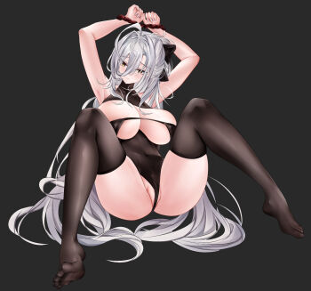 1girl arms_up azur_lane black_background black_leotard black_thighhighs breasts cleavage commentary_request hair_between_eyes hair_intakes hakuhou_(azur_lane) hakuhou_(floral_ninja_roleplay)_(azur_lane) huge_breasts iue_(pixiv_95802465) leotard long_hair long_hair_between_eyes looking_at_viewer official_alternate_costume red_rope rope simple_background solo spread_legs thighhighs variant_set very_long_hair white_hair yellow_eyes