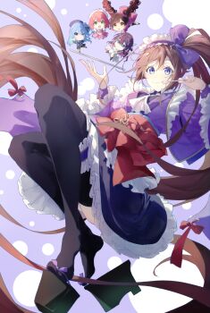 0th_generation_(hololive) 5girls absurdly_long_hair absurdres alternate_hair_length alternate_hairstyle asahi_tsujino azki_(4th_costume)_(hololive) azki_(hololive) black_sandals black_thighhighs blue_eyes blue_hairband blue_kimono blue_skirt brown_eyes chibi floating floating_hair food food_on_face fork frilled_hairband frilled_kimono frilled_skirt frilled_sleeves frilled_thigh_strap frills hair_flowing_over hair_ornament hairband hairclip heart heart_hair_ornament highres holding holding_fork hololive hoshimachi_suisei hoshimachi_suisei_(casual) japanese_clothes kimono kimono_skirt lolita_fashion lolita_hairband long_hair long_sleeves looking_at_viewer miniskirt multiple_girls obijime okobo platform_clogs platform_sandals red_sash roboco-san roboco-san_(open_pink_hoodie) sakura_miko sakura_miko_(school_uniform) sandals sash side_ponytail skirt star_(symbol) star_hair_ornament thigh_strap thighhighs tokino_sora very_long_hair virtual_youtuber wa_lolita