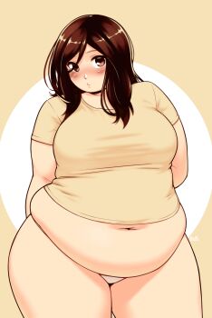 Rule 34 | 1girl, absurdres, arms behind back, better-with-salt, big belly, blush, breasts, brown eyes, brown hair, commentary, cowboy shot, english commentary, fat, fat woman, highres, large breasts, navel, no pants, original, panties, signature, solo, thick arms, thick thighs, thighs, underwear, white panties