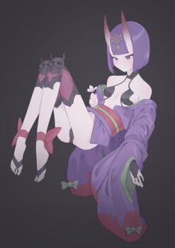 1girl absurdres bare_shoulders barefoot_sandals_(jewelry) black_background blunt_bangs bob_cut breasts bridal_gauntlets collarbone eyeliner fate/grand_order fate_(series) feet flower headpiece highres horns japanese_clothes kimono legs long_sleeves makeup obi off_shoulder oni peachyp purple_eyes purple_hair purple_kimono revealing_clothes sash short_hair shuten_douji_(fate) simple_background skin-covered_horns small_breasts solo wide_sleeves