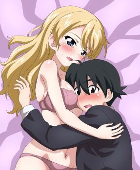 1boy 1girl absurdres blonde_hair bra breasts commission commissioner_upload couple darjeeling_(girls_und_panzer) girls_und_panzer highres itou_makoto_(school_days) key_(gaigaigai123) large_breasts second-party_source underwear