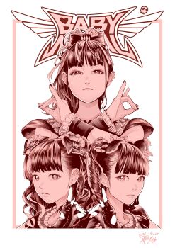 Rule 34 | 3girls, babymetal, border, copyright name, dated, expressionless, hair behind ear, highres, hiraoka koushi, kikuchi moa, logo, looking at viewer, mizuno yui, monochrome, multiple girls, nakamoto suzuka, pink border, pink theme, ponytail, real life, signature, twintails, white background