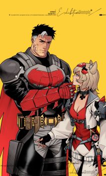 1boy 1girl aged_up animal_ears bat_signal batman_(series) batman_symbol belt black_bodysuit black_hair blue_eyes bodysuit cat_ears cat_tail dc_comics gloves grey_bodysuit highres jason_todd kemonomimi_mode male_focus multicolored_bodysuit muscular muscular_male oc_x_canon original pants red_hood_(dc) rfnyn17381 sample_watermark short_hair superhero_costume tail taut_bodysuit two-tone_bodysuit utility_belt watermark