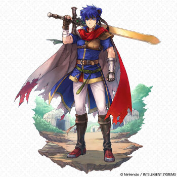 1boy absurdres animal_ears bear_ears blue_eyes blue_hair boots cape commentary company_name copyright_notice english_commentary fire_emblem fire_emblem:_path_of_radiance fire_emblem_shadows full_body hagiya_kaoru headband highres holding holding_sword holding_weapon ike_(fire_emblem) ike_(radiant_merc)_(fire_emblem) looking_at_viewer nintendo official_alternate_costume official_art over_shoulder ragnell red_cape solo standing sword tent torn_cape torn_clothes weapon weapon_over_shoulder