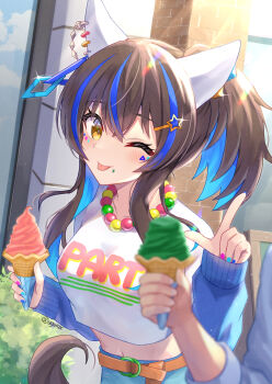 Rule 34 | 1girl, 1other, animal ear piercing, animal ears, bead necklace, beads, belt, blue hair, brown belt, brown hair, colored inner hair, commentary request, cropped shirt, daitaku helios (casual) (umamusume), daitaku helios (umamusume), ear covers, ear ornament, ear piercing, facial tattoo, highres, holding, holding ice cream cone, horse ears, horse girl, horse tail, ice cream cone, jewelry, long sleeves, medium hair, midriff, multicolored hair, multicolored nails, nail polish, navel, necklace, one eye closed, piercing, ponytail, sidelocks, solo focus, streaked hair, sunlight, tail, tattoo, tongue, tongue out, twitter username, ugura (ugurax), umamusume