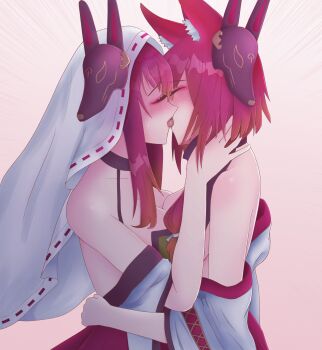 2girls animal_ear_fluff animal_ears azur_lane blush breasts chitose_(azur_lane) chiyoda_(azur_lane) closed_eyes commentary fox_ears fox_mask french_kiss highres incest japanese_clothes kimono kiss makeup mask miczal miko multiple_girls pink_hair pink_shirt ribbon saliva shirt siblings sisters symbol-only_commentary tongue veil yuri