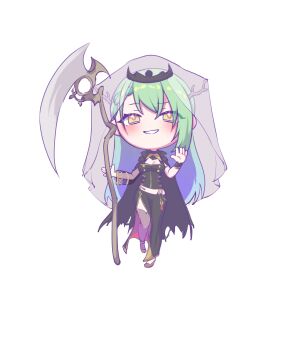 Rule 34 | 1girl, absurdres, anklet, antlers, arm at side, armlet, black cape, black dress, black shoes, black thighhighs, black tiara, blue dress, bracer, braid, braided bangs, cape, ceres fauna, ceres fauna (1st costume), commentary, cosplay, detached sleeves, double-parted bangs, dress, english commentary, full body, gold shoes, green hair, grin, hair between eyes, hand up, hat, high heels, highres, holding, holding scythe, holding weapon, hololive, hololive english, horns, jewelry, long dress, long hair, long sleeves, mori calliope, mori calliope (1st costume), pumps, scythe, see-through clothes, see-through sleeves, see-through veil, sher (imnotsher), shoes, side slit, simple background, single detached sleeve, single thighhigh, sleeveless, sleeveless dress, smile, solo, straight hair, thighhighs, tiara, torn cape, torn clothes, two-veil, veil, virtual youtuber, weapon, white background, yellow eyes