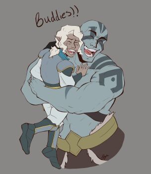 1boy 1girl abs affectionate artist_request bald blue_skin blush colored_skin critical_role cropped_legs dungeons_&amp;_dragons grog_strongjaw head_tattoo highres laughing male_focus mature_male muscular muscular_male pike_trickfoot ponytail shoulder_tattoo tattoo the_legend_of_vox_machina thick_eyebrows topless_male