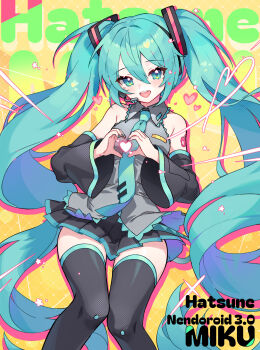 1girl :d absurdres apple_caramel black_skirt black_sleeves black_thighhighs blue_eyes blue_hair blue_nails blue_necktie blush brown_background character_name collared_shirt commentary_request detached_sleeves feet_out_of_frame grey_shirt hair_between_eyes hatsune_miku headset heart heart_hands highres knees_together_feet_apart long_sleeves looking_at_viewer nail_polish necktie open_mouth pleated_skirt shirt skirt sleeveless sleeveless_shirt smile solo teeth thighhighs tie_clip twintails upper_teeth_only vocaloid wide_sleeves