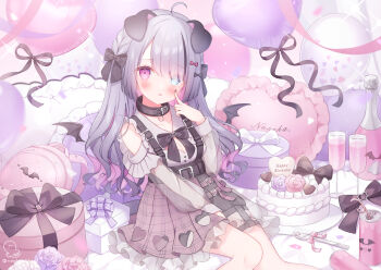 1girl :p ahoge animal_ears aqua_eyes backpack bag balloon bare_shoulders bat_ornament bat_wings belt belt_buckle between_legs birthday_cake black_belt black_bow black_collar black_ribbon black_shorts blue_eyes blunt_sidelocks blush bow box braid breasts buckle buttons cake can candy character_name chocolate chocolate_heart cleavage cleavage_cutout clothing_cutout collar collarbone colored_inner_hair commentary_request confetti crazy_straw cup detached_sleeves detached_wings diffraction_spikes dog_ears drink_can drinking_glass drinking_straw eyes_visible_through_hair feet_out_of_frame finger_to_cheek flask flower food fork frilled_pillow frilled_skirt frills gift gift_box grey_hair hair_bow half-skirt hand_between_legs hand_on_lap hand_up happy_birthday heart heart-shaped_food heart-shaped_pillow heart_balloon heart_print heart_straw heterochromia indie_virtual_youtuber jirai_kei knees_together_feet_apart light_particles long_hair long_sleeves looking_at_viewer miniskirt multicolored_hair multiple_hair_bows nanoha_(vtuber) official_art omochi_monaka parted_bangs pillow pink_bag pink_bow pink_eyes pink_flower pink_hair pink_rose plaid_belt plaid_clothes plaid_skirt pleated_skirt polka_dot_necktie puffy_long_sleeves puffy_sleeves purple_belt purple_bow purple_flower purple_rose purple_skirt red_bow ribbon rose see-through_clothes see-through_sleeves shirt shirt_tucked_in shorts side_braids sidelocks signature sitting skirt soda_can solo sparkle suspenders thigh_strap tongue tongue_out twitter_username two-tone_hair unworn_backpack unworn_bag v-neck virtual_youtuber wavy_hair white_flower white_rose white_shirt wine_glass wings