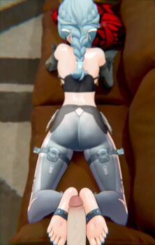 1boy 1girl 3d animated artist_name audible_music bare_shoulders blue_eyes blue_hair blush couch cum cum_on_ass cum_on_back cum_on_body ejaculation erection feet footjob gloves hetero looking_at_viewer looking_back lying on_couch on_stomach orangedonut33 patreon_logo penis pillow pov pov_crotch seed_(zenless_zone_zero) soles sound tagme toes twitter_x_logo uncensored video zenless_zone_zero