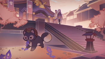 2girls absurdres alternate_costume angry architecture astruma2 bake-danuki_(genshin_impact) black_thighhighs blunt_bangs braid bridal_gauntlets carrying cherry_blossoms closed_mouth commentary east_asian_architecture electro_symbol_(genshin_impact) english_commentary engulfing_lightning_(genshin_impact) faceless faceless_female fox_girl friends genshin_impact hair_ornament hat highres holding holding_polearm holding_weapon leaf leaf_on_head long_braid long_hair long_sleeves makoto_(genshin_impact) multiple_girls naku_weed no_eyes open_mouth outdoors polearm raccoon raccoon_boy raiden_shogun red_sash sash shade shaded_face siblings single_braid sisters standing thighhighs tomoe_(symbol) tree twins weapon wide_sleeves yae_miko yae_miko_(fox)