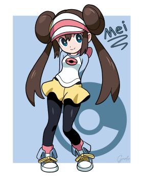 Rule 34 | 1girl, absurdres, arms behind back, black pantyhose, blue background, blue eyes, border, brown hair, character name, closed mouth, double bun, full body, garloo, hair bun, highres, long hair, looking at viewer, nintendo, outside border, pantyhose, poke ball symbol, pokemon, pokemon bw2, rosa (pokemon), shirt, shoes, shorts, signature, smile, sneakers, solo, standing, twintails, visor cap, white border, yellow shorts