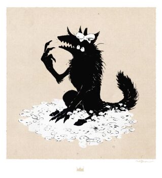 bow brown_background commentary flower full_body hand_up liar_princess liar_princess_(wolf_form) monster nagabe no_humans original simple_background sitting solo symbol-only_commentary usotsuki_hime_to_moumoku_ouji