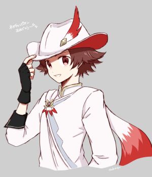 1boy brown_eyes brown_hair cropped_torso gloves hat hat_feather highres hilbert_(champion)_(pokemon) hilbert_(pokemon) jacket long_sleeves looking_at_viewer male_focus nintendo parted_lips pokemon pokemon_masters_ex shippo_(sbnk4po) shirt short_hair smile solo white_jacket