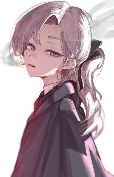 1girl absurdres advarcher black_bow black_ribbon black_shawl bow cigarette commentary english_commentary grey_eyes grey_hair hair_bow hair_ribbon highres lapwing_(vrchat) long_sleeves looking_at_viewer mouth_hold ponytail ribbon shawl shirt simple_background smoke smoke_trail smoking solo upper_body vrchat white_background white_shirt