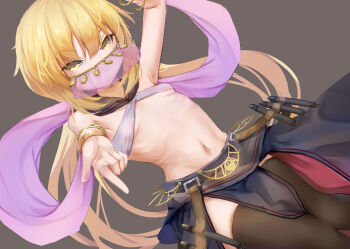 1girl black_thighhighs blonde_hair commentary_request dancer highres kantai_collection logiclr long_hair mouth_veil navel satsuki_(kancolle) solo thighhighs twintails veil yellow_eyes