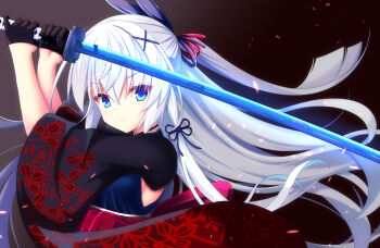 Rule 34 | 1girl, absurdres, akatsuki yureru koi akari, black background, black gloves, black ribbon, black sleeves, blue eyes, blue kimono, blunt ends, closed mouth, commentary request, commission, eyes visible through hair, fighting stance, floating hair, floral print, floral print kimono, gloves, hair between eyes, hair ornament, hair ribbon, half gloves, half updo, highres, holding, holding sword, holding weapon, japanese clothes, katana, kimono, long hair, long sleeves, looking at viewer, nanatsuki akito, ponytail, print kimono, red ribbon, red sash, ribbon, sash, serious, sidelocks, simple background, skeb commission, solo, suzakuin momiji, sword, two-tone kimono, upper body, v-shaped eyebrows, very long hair, weapon, white hair, wide sleeves, x hair ornament