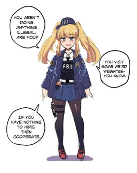 1girl absurdres black_thighhighs blonde_hair blue_eyes blush bulletproof_vest english_text evil_smile fbi fbi-chan flat_chest full_body hat higher_resolution_available highres hinghoi jacket necktie police police_uniform shoes sketch skrit smile speech_bubble thighhighs twintails vest white_background