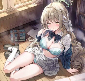 1girl absurdres aqua_bra aqua_panties black_bow black_shoes blazer block_heels blonde_hair blue_archive blush bow bowtie bra braid breasts cleavage comiket_107 commentary_request diagonal-striped_bow diagonal-striped_bowtie diagonal-striped_clothes flower_halo gluteal_fold green_halo grey_skirt hair_bow hair_ribbon halo highres jacket kinokomushi kneehighs large_breasts long_hair long_sleeves looking_at_viewer miyo_(blue_archive) on_floor open_clothes open_mouth open_shirt panties ribbon ribbon_braid shirt shoes skirt socks solo striped_bow striped_bowtie striped_clothes unbuttoned unbuttoned_shirt underwear white_bow white_shirt white_skirt white_socks yellow_eyes